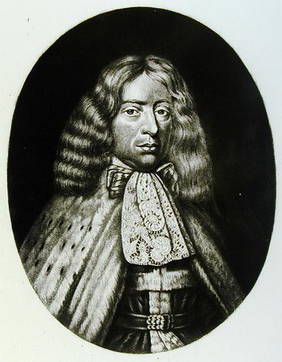 Portræt af George, Earl of Berkeley (1628-98) indgraveret af Richard Earlom (1743-1822) og Charles Turner (ca. 1773-1857) fra Illustrious Characters in British History (mezzotint) af English School